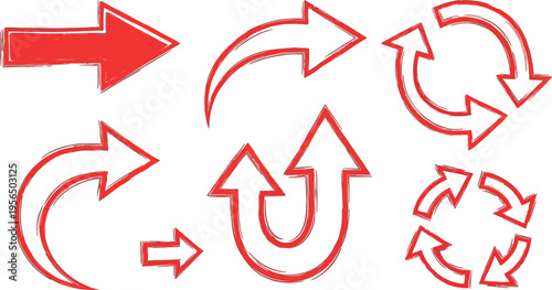 A set of red hand-drawn arrows pointing in different directions on a white background for design.
