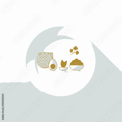 Stylized golden icons of Passover Seder plate elements including matzah, egg, charoset, and parsley on a light background.