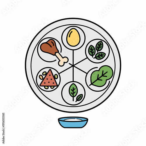 A colorful illustration of a traditional Passover Seder plate with six symbolic food items and a small bowl of salt water.