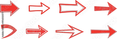 A collection of hand-drawn red arrows pointing right on a white background, arrow 