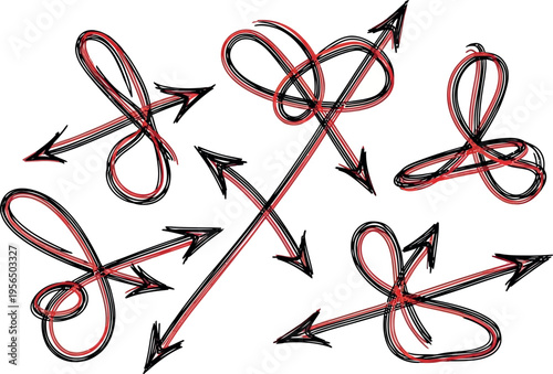 An illustration of multiple red and black arrows pointing in various directions on a white background with looping designs and abstract shapes.
