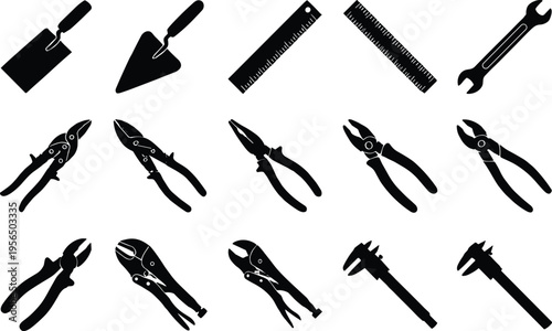 Hand tools silhouette vector illustration collection, fifteen black icons showing pliers, wrenches, hammers, saws, rulers, and calipers