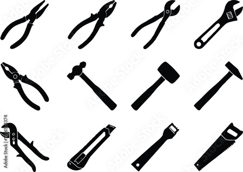 Hand tools silhouette vector illustration collection, twelve black icons showing pliers, wrenches, hammers, saw, knife, and pry bar designs