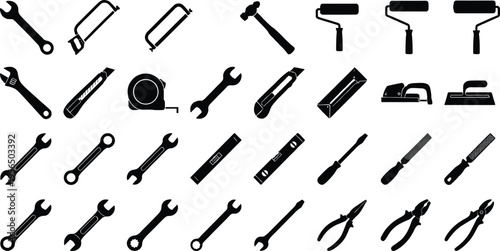 Hand tools silhouette vector illustration collection, multiple black icons showing wrenches, saws, hammers, screwdrivers, pliers, and construction tools