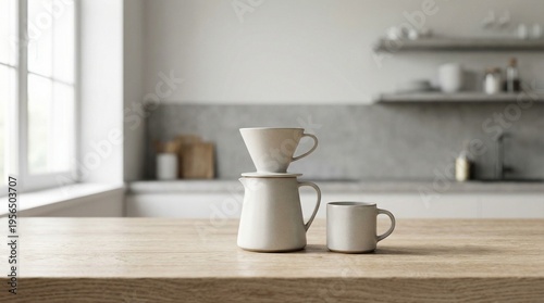 A minimalist kitchen scene displays a stacked pour over coffee setup with ceramic mugs and a blurred background high quality professional detailed modern elegant stylish clean