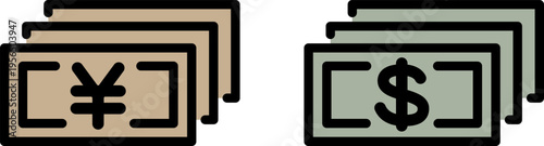 日本円とアメリカドルの紙幣のアイコン。（Japanese yen and American dollar banknote icons.）
