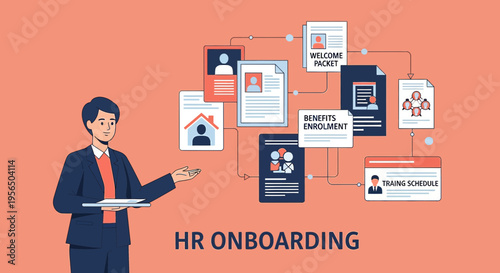 Simplified hr onboarding illustration demonstrating benefits and processes for new staff members