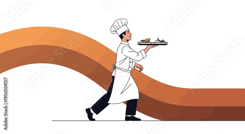 Sketched chef carrying cuisine tray across a tan, arching path, embodying culinary journey and