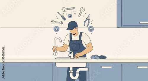 Skilled plumber repairing a kitchen faucet with tools hovering around the professional tradesman
