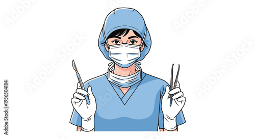 Skilled surgeon illustration ready for operation with surgical instruments tools