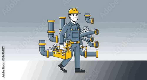 Skilled plumber with tools, pipe fittings in cartoon style and yellow toolbox