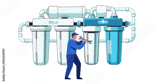 Skilled Technician Maintaining a Complex Water Filtration System with Wrench in Hand