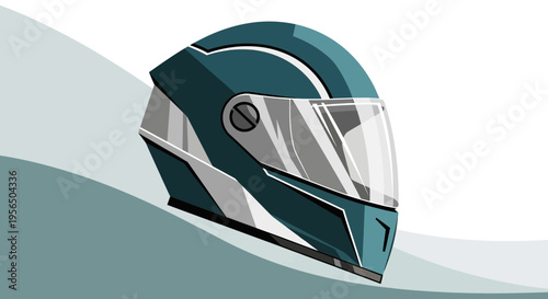 Sleek teal motorcycle helmet illustration on a flowing gradient backdrop featuring clean lines and