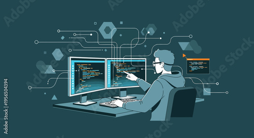 Software developer analyzing code on dual monitors in a digital workspace setting