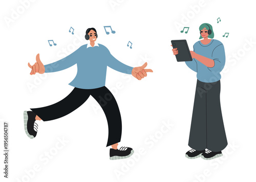 A men and women wearing headphones with a pleasant smiling face. Full-length characters dancing or using a tablet while listening to music	

