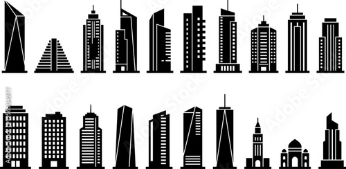 Building silhouette vector illustration collection, twenty black icons showing diverse architectural structures including skyscrapers, domes, and landmarks