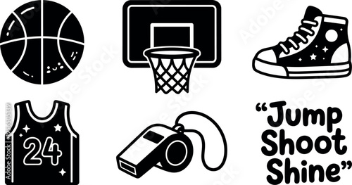 Vector art basketball icons including hoop jersey whistle sneakers and jump shoot shine