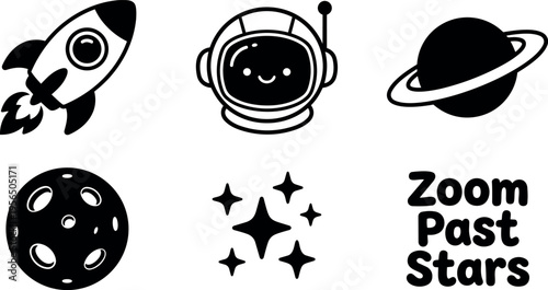 Vibrant space vector icons featuring rocket astronaut planet moon and stars in black silhouette