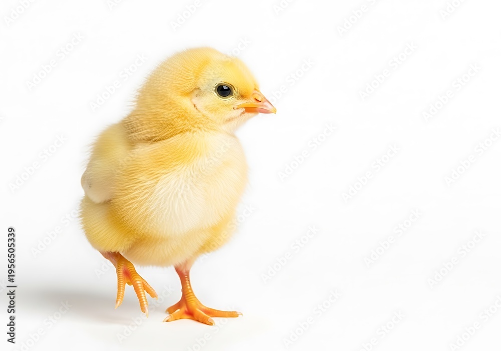 Obraz premium A small yellow chick standing on a white surface looking to the side isolated on white background