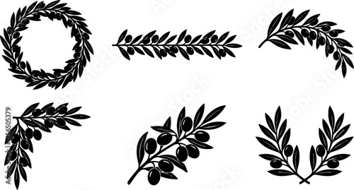 Vector art set of six olive branch wreaths for decorative uses versatile designs