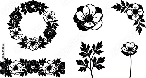 Vector floral set with wreaths and stems