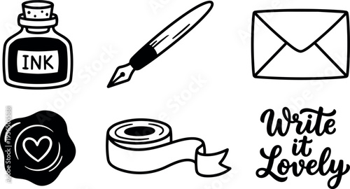 Line art ink set with nib envelope wax seal ribbon and write it lovely