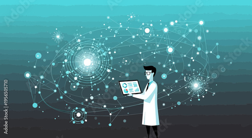 Scientist analyzing interconnected data networks on a tablet for advanced research and development