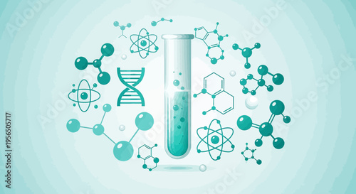 Scientific research background illustration featuring a test tube and molecular structures