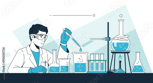 Scientist in lab coat conducts scientific research with beakers and laboratory equipment