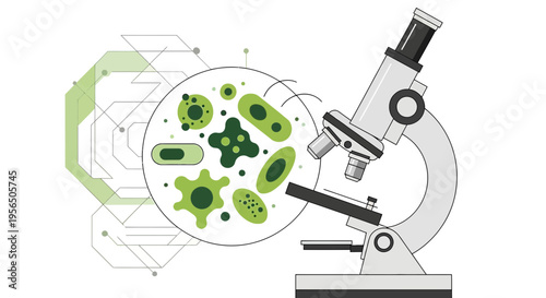 Scientific microscope analyzing microorganisms research with complex molecular network visualization