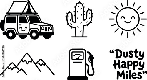 Vector art smiling camper van with cactus sun mountains and gas pump with dusty happy miles