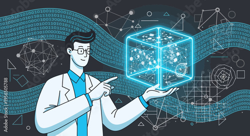 Scientist manipulating a holographic data cube representing complex information networks