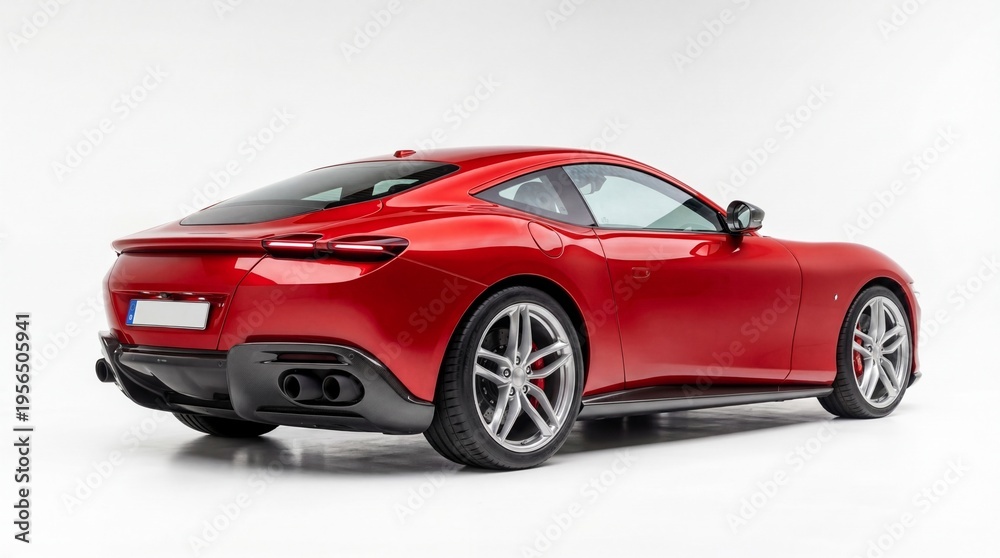 Naklejka premium Rear view of a shiny red luxury sports car with sleek lines and a high performance exhaust system