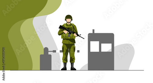Security checkpoint illustration featuring a soldier with rifle on patrol during a military