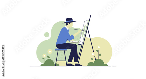 Serene artist in nature painting on canvas with blue outfit and fedora hat