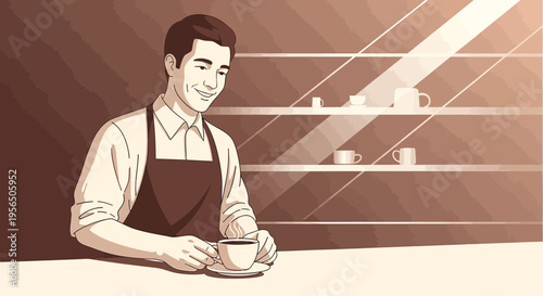 Serene barista enjoying a quiet moment with fresh coffee in a stylized coffee shop