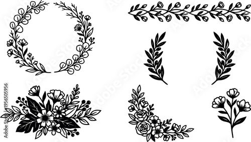 Vector art delicate floral wreaths and bouquets collection for crafts and designs