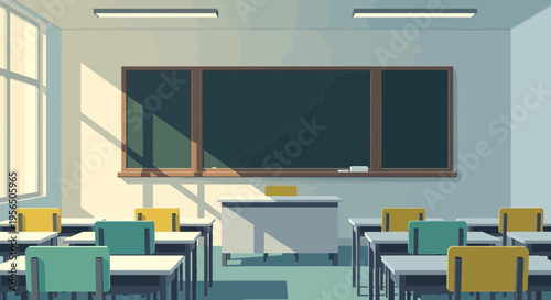 Serene classroom illustration showcasing desks, blackboard and sunlight streaming through a window