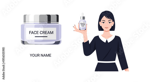 Cartoon woman holding skincare product bottle next to face cream jar in minimalist flat illustration for beauty branding