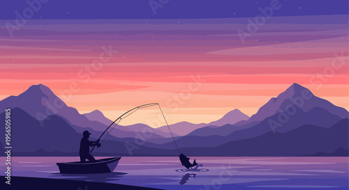 Serene fishing adventure at sunset featuring mountains and picturesque sky backdrop