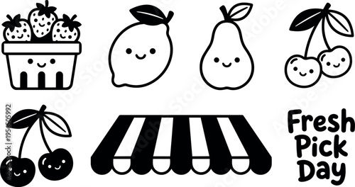 Line art fruit basket and market stall with fresh pick day