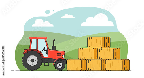 Rural countryside scene with a red tractor and stacks of hay bales on a vibrant green field