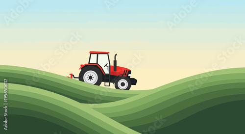 Rural scene depicting a red tractor working in the green undulating fields during daytime
