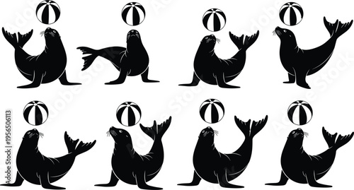 Seal silhouette balancing ball circus animal performance marine mammal playful trick vector illustration isolated set entertainment show design