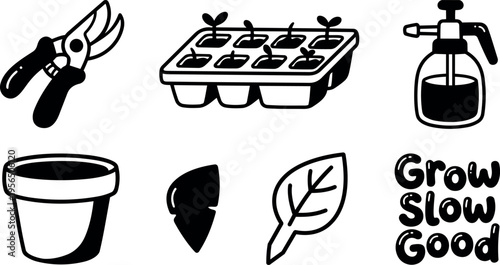 Vector line art garden icons pruning shears seed tray spray bottle pot leaf growth grow slow good