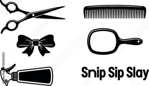 Line art vector of barber tools and the phrase snip sip slay