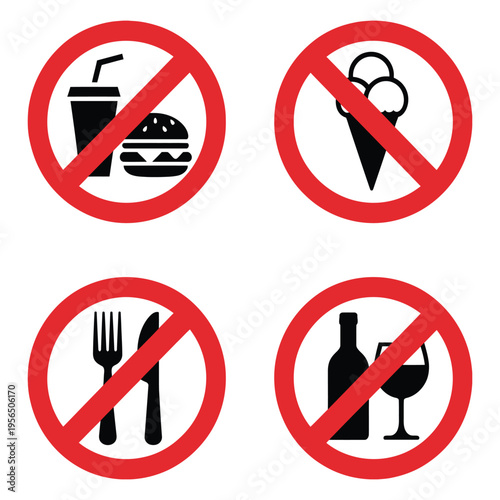 Set of prohibition signs for food and drinks on transparent background includes burger soda ice cream fork knife and wine bottle