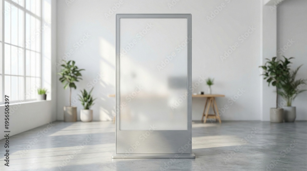 Fototapeta premium A modern blank digital display stands prominently in a minimalist brightly lit interior space