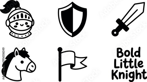 Knight icon set with helmet shield sword horse and flag in black and white