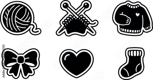 Line art knit craft icons showing yarn ball crossed needles bow heart sweater sock